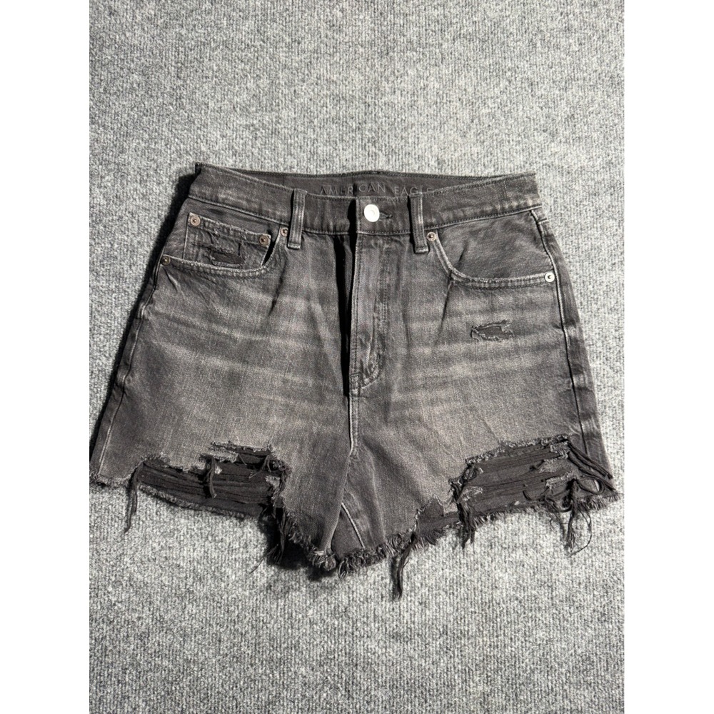 American Eagle Black Distressed High Waisted Denim Shorts Size 2 Raw Hem Stretch